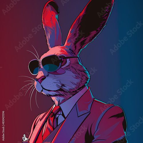 Blue and red illustration of a mysterious detective hare wearing a coat, a vest a tie and sunglasses