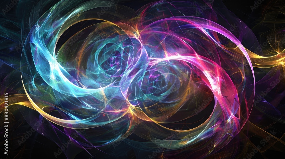 Abstract circular patterns with colorful fractal lines on a dark backdrop