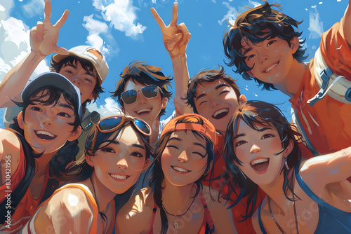 A cheerful group of young and vibrant individuals capture a joyful moment with a selfie, portraying friendship and the spirit of togetherness in modern social interactions. photo