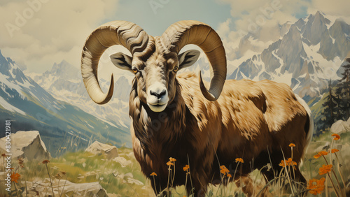 Bighorn Sheep Ram Snowcapped Mountains Meadow, Wildlife Animal Portrait Painting Illustration