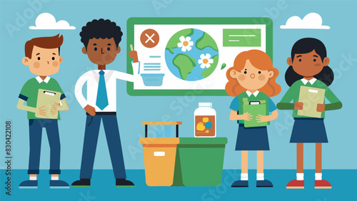 In the classroom students proudly present their projects which showcase creative ways to repurpose old and discarded materials to reduce waste.. Vector illustration