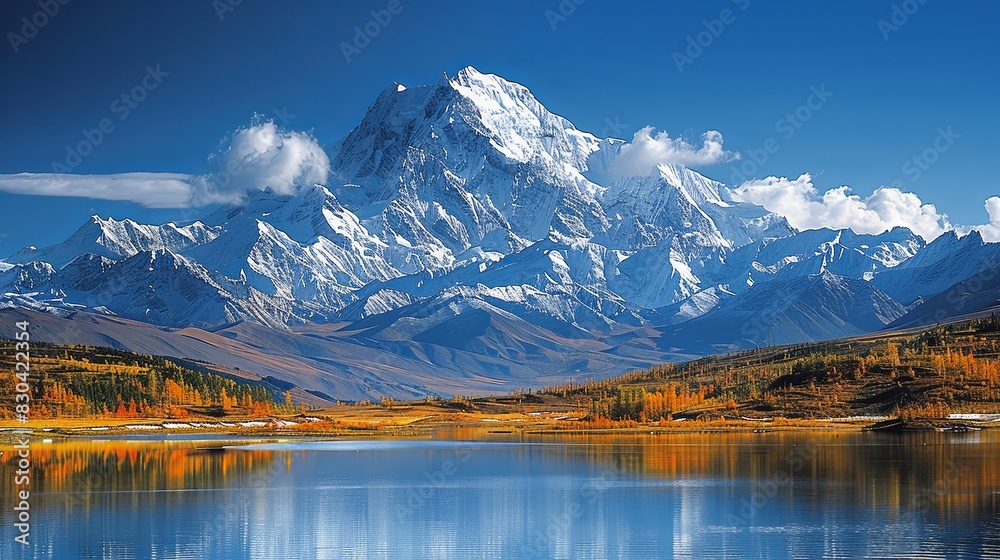 Fototapeta premium Majestic Mountain Range at Sunrise with Golden Light Illuminating Snow-Capped Peaks and Crystal-Clear Cyan Lake Reflecting Vibrant Colors. High-Resolution Image Showcasing Nature's Tranquility Beauty.