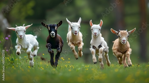 Youthful Playfulness Baby Goats Leaping and Frolicking in a Lush Grassy Field photo