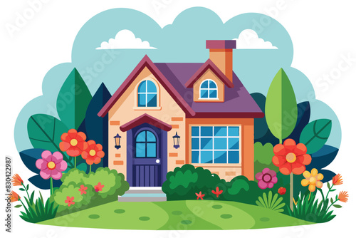 Front view of house with natural elements on white background illustration with beautiful flowers in front of house.