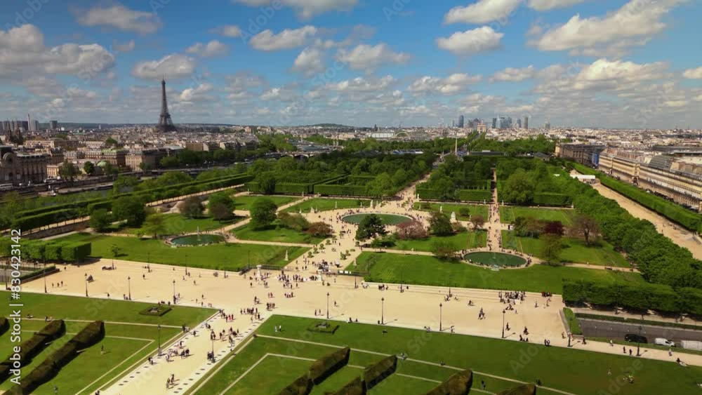 Jardin des Tuileries Paris France Eiffel Drone Flyby Forward