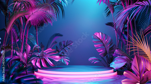 beauty fashion podium backdrop with neon light and tropical leaves