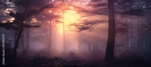 Misty Radiance Forest Bathed in Amber and Violet Light.