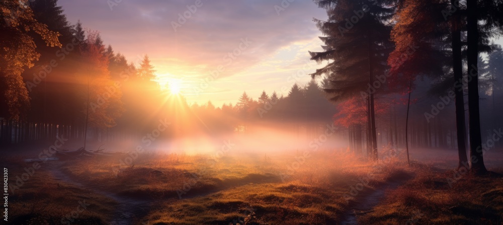 Nature's Euphoria Misty Forest Awash in Light Bronze and Red