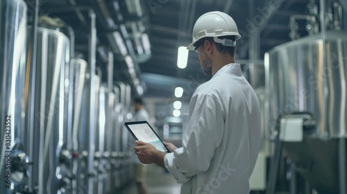 Concept food industry banner. Factory worker inspecting production line tanker in of dairy factory with computer tablet.