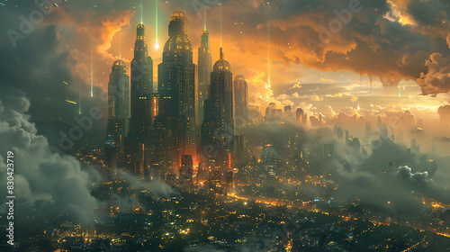 futuristic city powered by the technologies described in the Emerald Tablets under a neon skyline photo