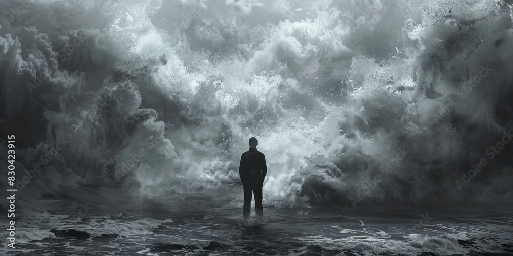 Fototapeta premium Resilience (Dark Gray): A figure standing strong against a storm, symbolizing resilience and strength