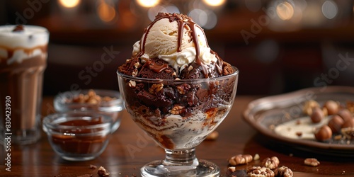 Brownie Sundae with a Scoop of Vanilla Ice Cream  and a sprinkling of chopped nuts
