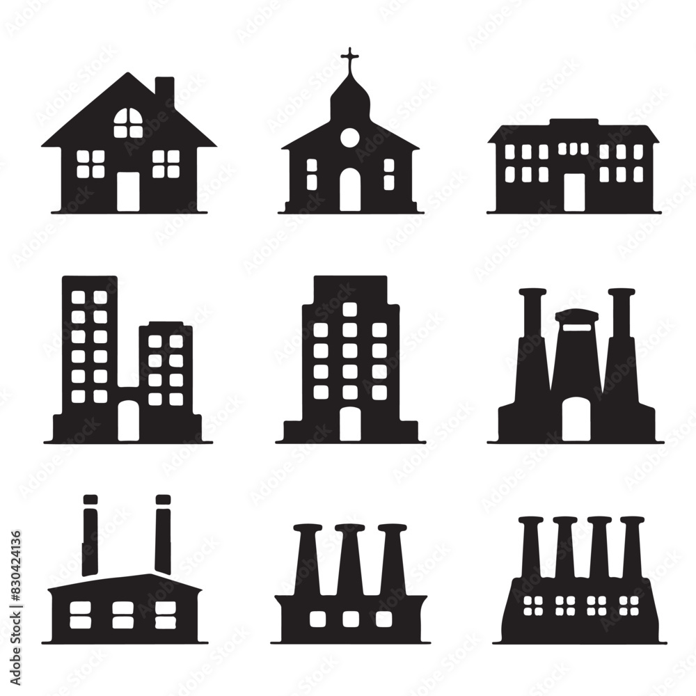 Fototapeta premium Building Icons Vector Silhouette Set