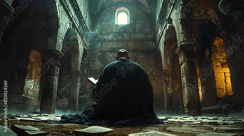 monk transcribing passages from the Emerald Tablets in a monastery's ancient scriptorium photo