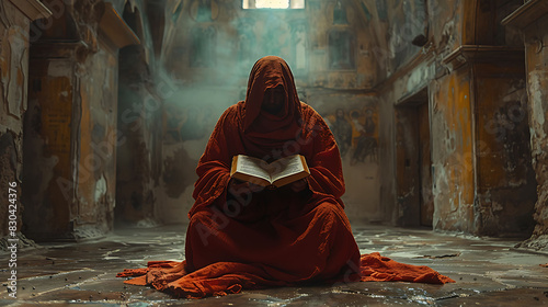 monk transcribing passages from the Emerald Tablets in a monastery's ancient scriptorium photo
