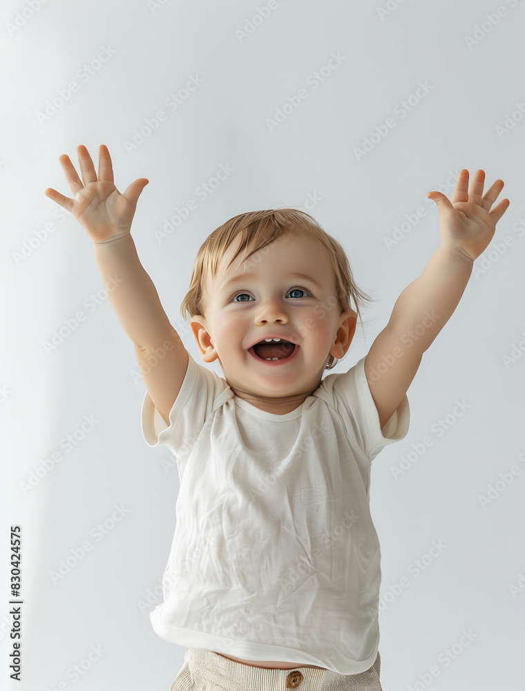 cute baby standing, hands raised up and smiling with joy in a white background. cute baby standing, hands raised up and smiling with joy in a white background.