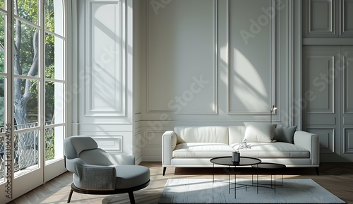 Modern living room interior with a white sofa and armchair near the window, a black coffee table against the wall with space for text