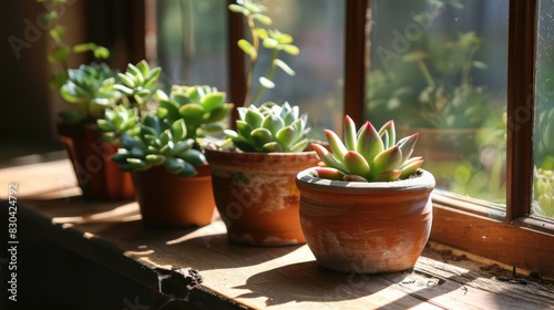 Succulent plants displayed in terracotta containers under sunlight on a wooden surface creating an indoor gardening display