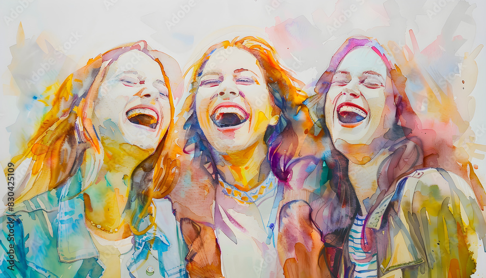 Fototapeta premium Watercolor portrait of girlfriends laughing merrily, celebrating World Women's Day on March 8