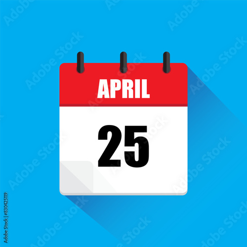 April twenty fifth. Red white vector. Blue background icon. Long shadow illustration.