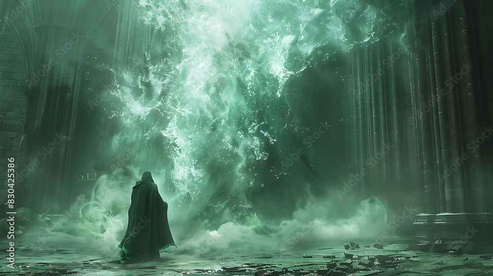 sorcerer invoking the power of the Emerald Tablets to summon a magical storm sorcerer invoking the power of the Emerald Tablets to summon a magical storm
