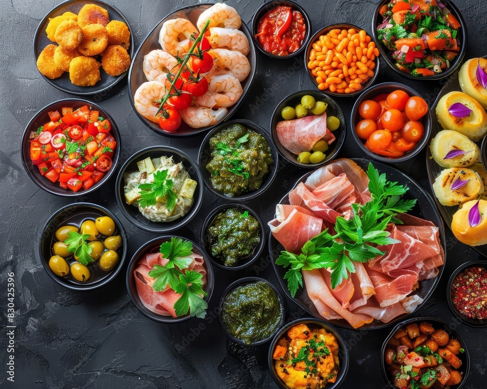 A modern banner featuring a variety of halal tapas, each dish creatively plated on black ceramic, with ample space for text above or below A modern banner featuring a variety of halal tapas, each dish creatively plated on black ceramic, with ample space for text above or below