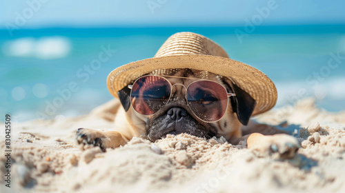 Adorable Pug on Beach Wearing Straw Hat and Sunglasses © ALLAI