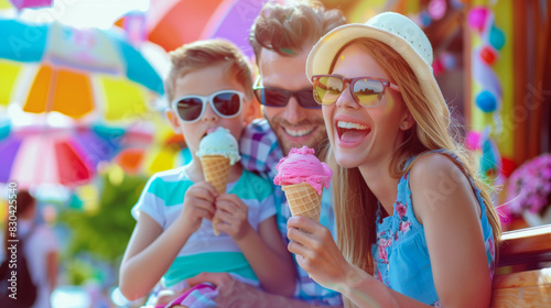 Happy family enjoying ice cream at colorful fair