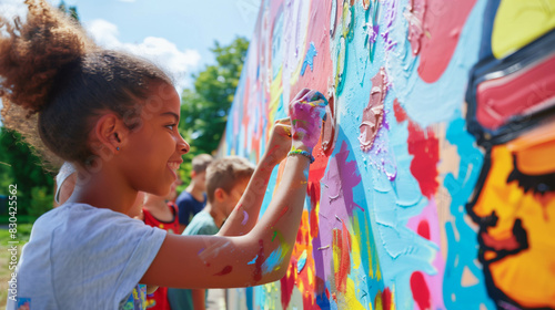 Diverse kids painting colorful mural on sunny day