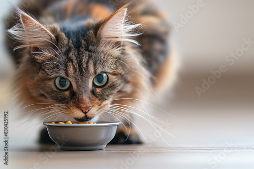 餌を食べるキジトラ猫