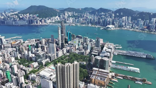 Aerial shots capturing Hong Kong Kowloon Peninsula Tsim Sha Tsui harbourfront with Harbour City, iconic Victoria Harbour and  Central Admiralty Wan Chai skyline backdrop photo