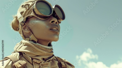 Military woman gazing up at the sky in goggles, african american female soldier in uniform, adventure and courage concept photo