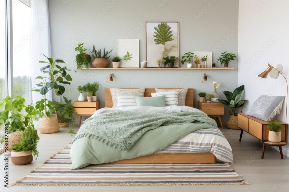 bright and cozy bedroom interior design with contemporary decor and interior plants, soft warm pastel tones
