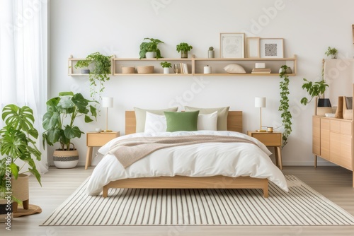 bright and cozy bedroom interior design with contemporary decor and interior plants, soft warm pastel tones