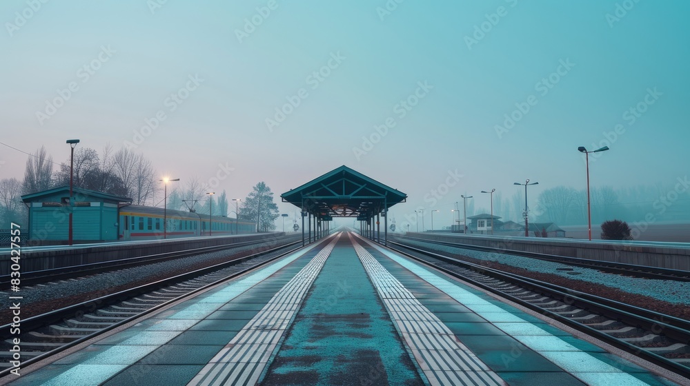 A wide angle long exposure photograph of An empty train station, waiting for the arrival of the next train