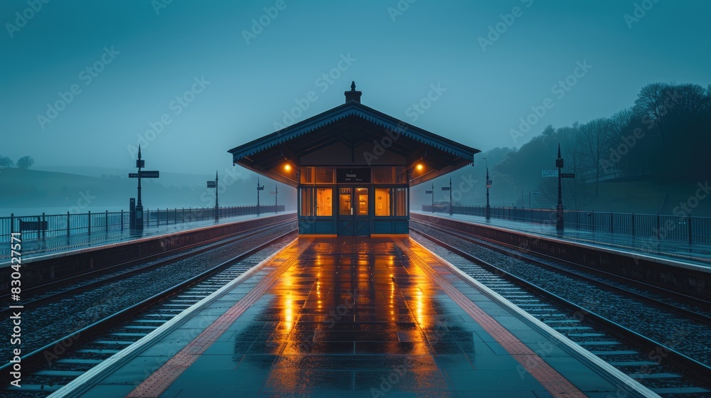 A wide angle long exposure photograph of An empty train station, waiting for the arrival of the next train A wide angle long exposure photograph of An empty train station, waiting for the arrival of the next train