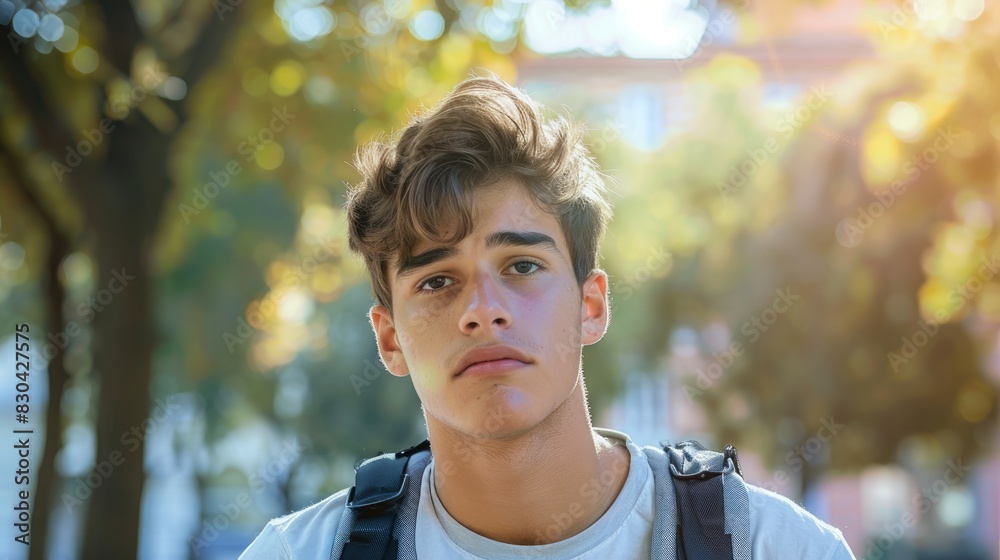 Sad expression shown by a good looking young male student outdoors Sad expression shown by a good looking young male student outdoors
