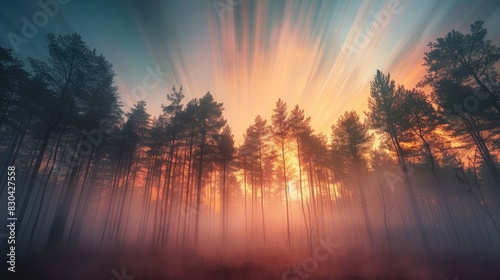 A blurry forest scene with trees and a sunset in the background  A wide angle long exposure photograph of forest with fog is silky smooth