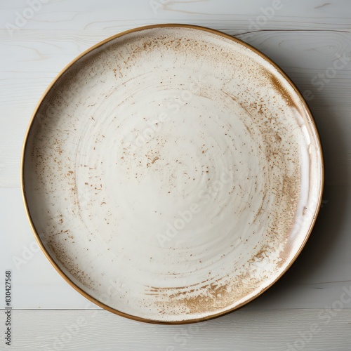 beautiful handmade dinner plate with earth and natural tones, very wabi-sabi and trendy feel, isolated on a neutral background