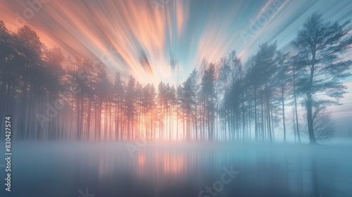 A blurry forest scene with trees and a sunset in the background, A wide angle long exposure photograph of forest with fog is silky smooth photo