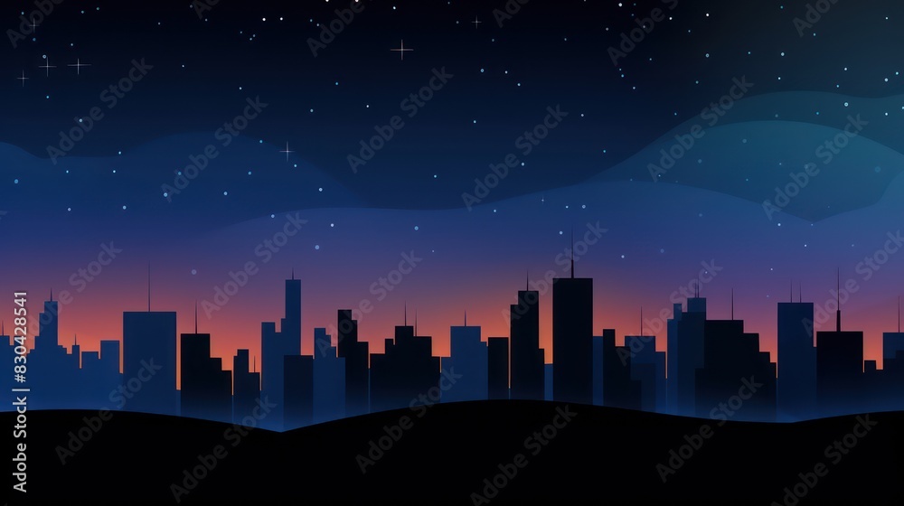 abstract illustration of a city skyline silhouette with a starry sky and a gradient background
