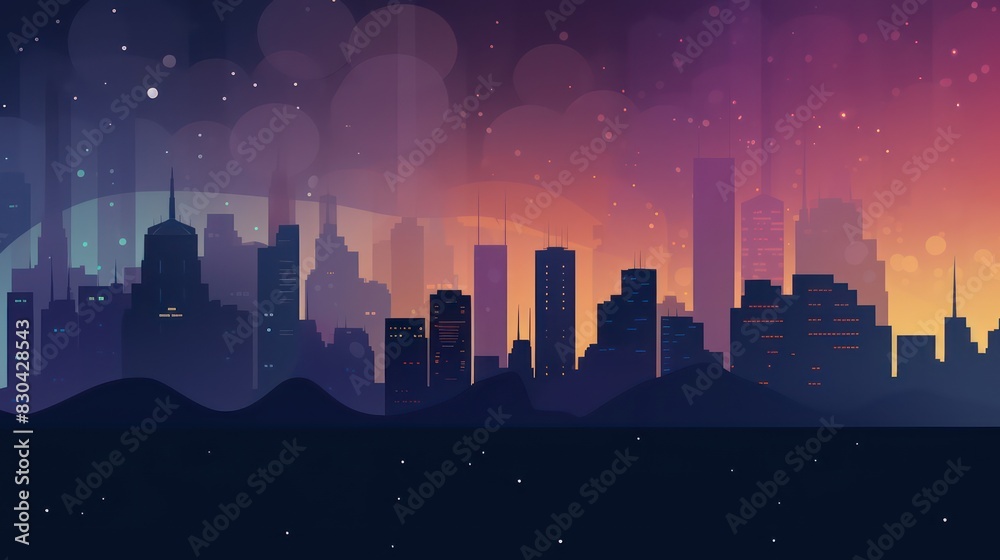 abstract illustration of a city skyline silhouette with a starry sky and a gradient background