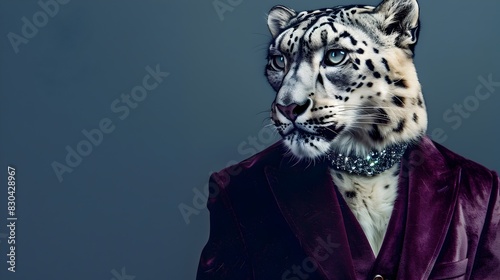 Stylishly Attired Snow Leopard in Formal Finery Gazes Ahead against Moody Blue Backdrop