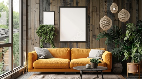 Frame mockup ISO A paper size Living room poster mockup Interior mockup with house background Modern interior design 3D render Three vertical ISO A2 frame mockup reflective glass mockup poster on the photo