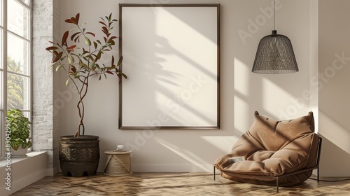 Frame mockup ISO A paper size Living room poster mockup Interior mockup with house background Modern interior design 3D render Three vertical ISO A2 frame mockup reflective glass mockup poster on the photo