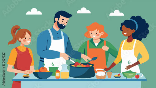 Handson learning at a community cooking class as neighbors work side by side to create a flavorful paella from scratch.. Vector illustration