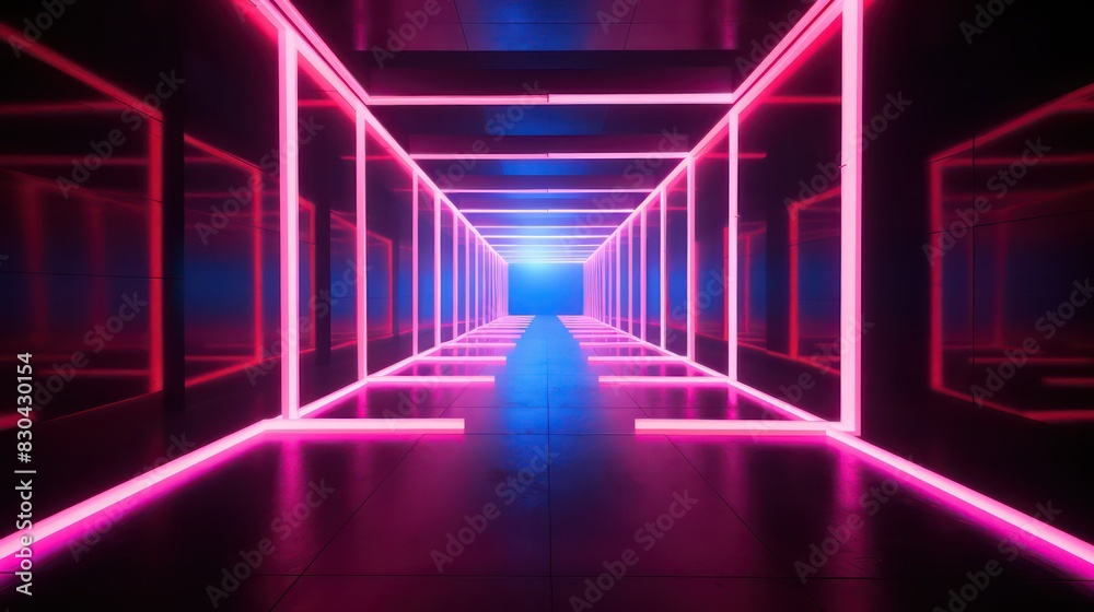 futuristic geometric tunnel in neon glowing light with a dark ambiance