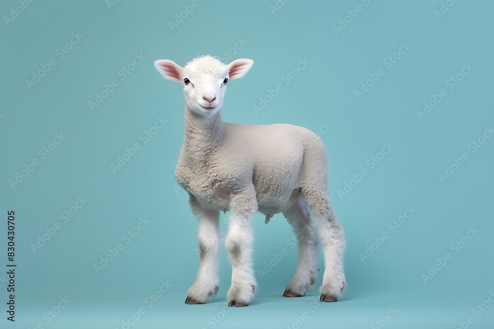 Cute little Baby lamb standing isolated on blue background Cute little Baby lamb standing isolated on blue background