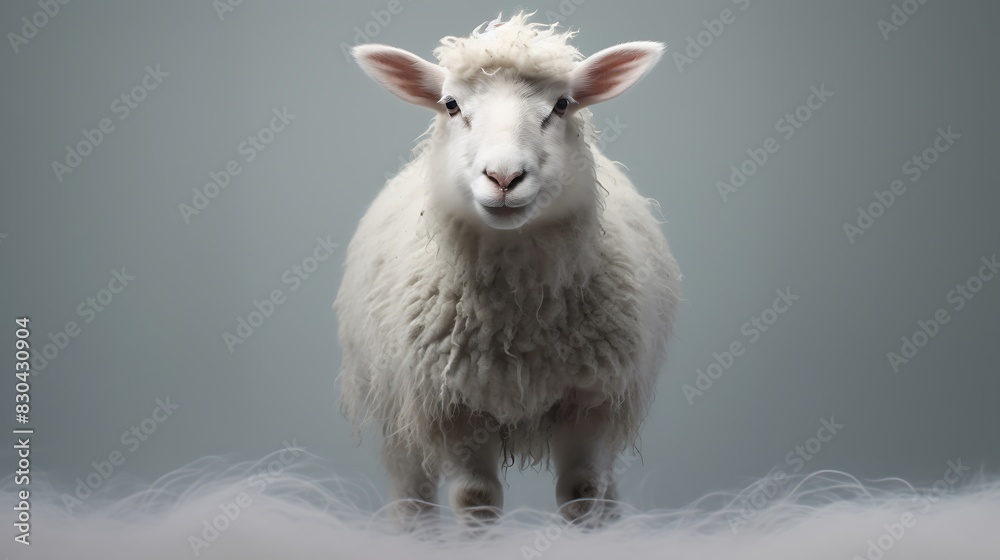 Fototapeta premium Cute white lamb sheep kid with fully grown white wool hairs, Front view of little lamb