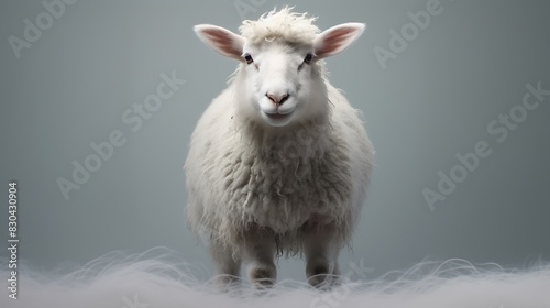 Cute white lamb sheep kid with fully grown white wool hairs, Front view of little lamb